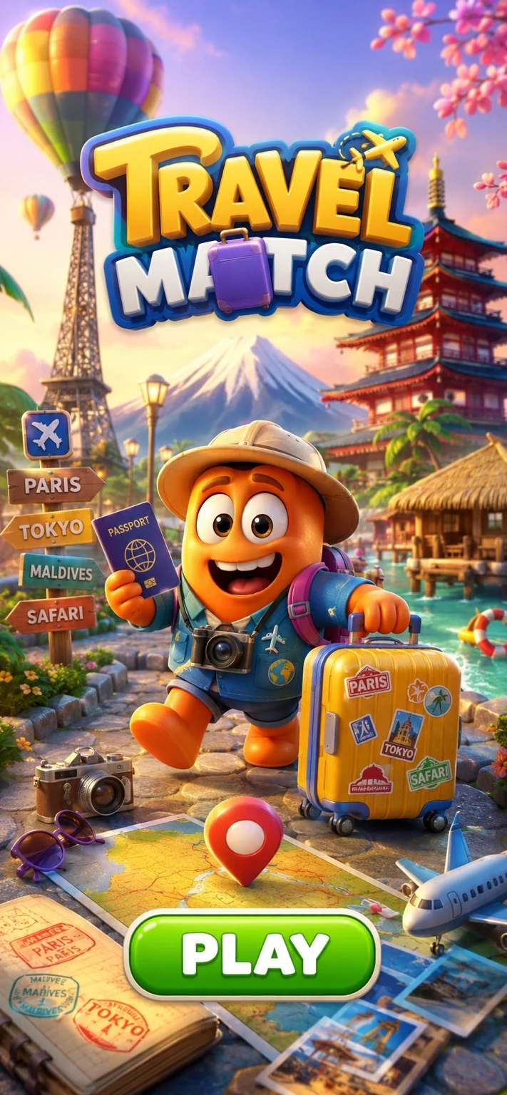 Travel Match cover screen with explorer and Play button