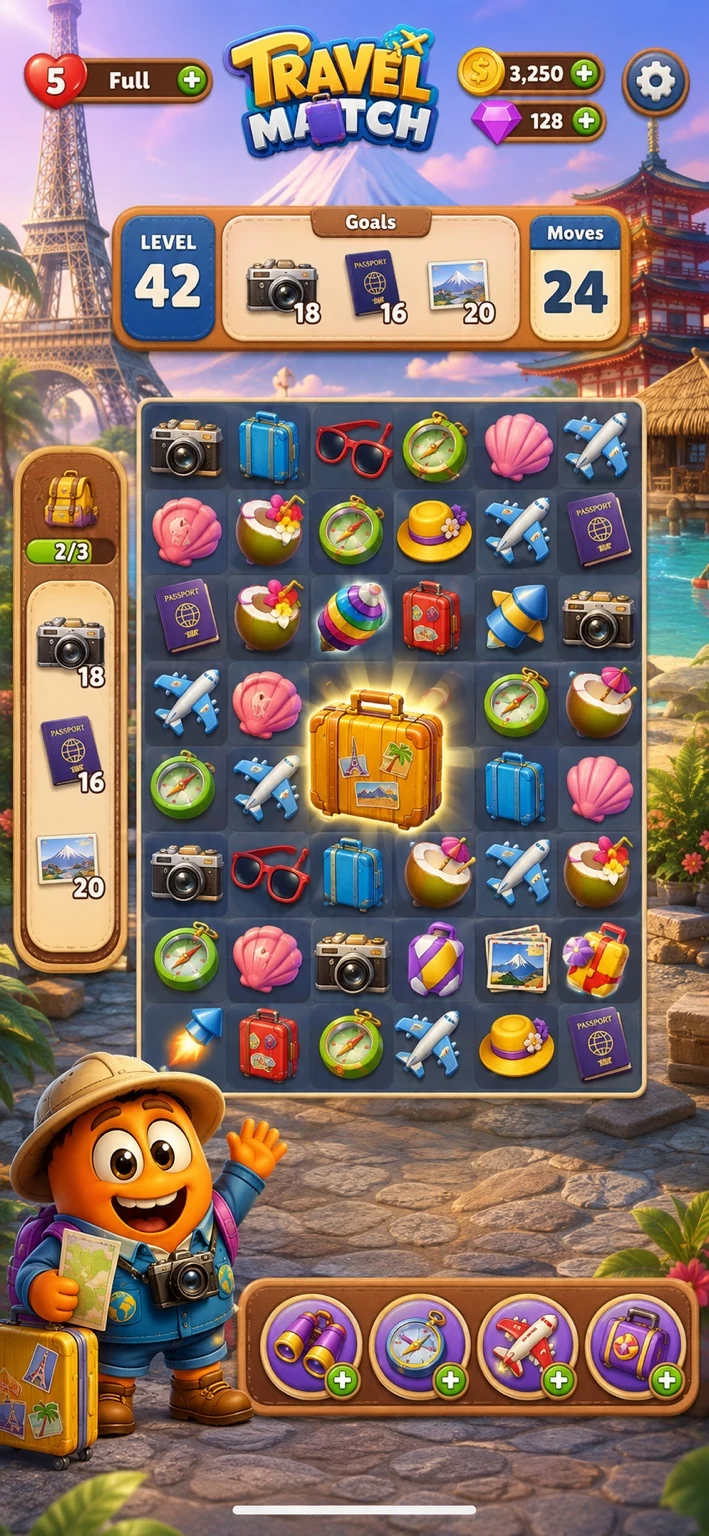 Travel Match gameplay screen with item pile, goals and booster tray