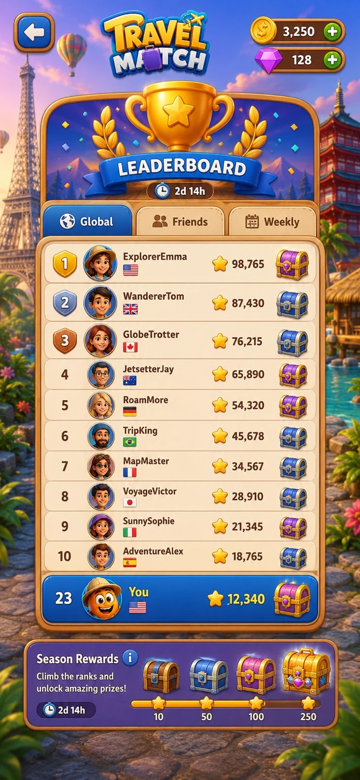 Travel Match leaderboard concept screen
