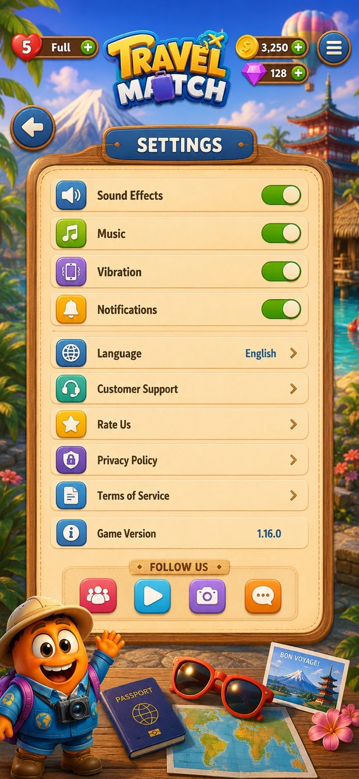 Travel Match settings concept screen