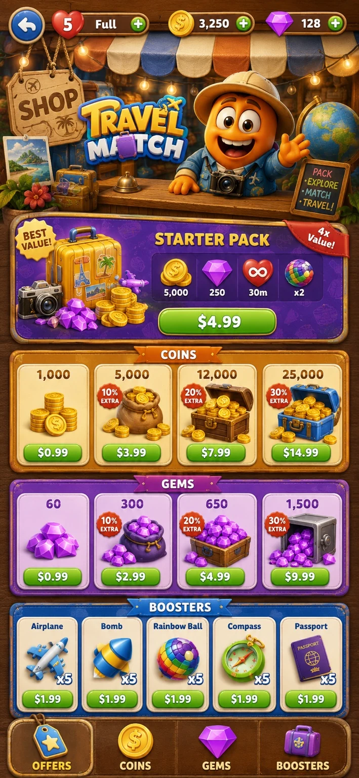Travel Match store concept screen