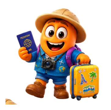Travel Match explorer character holding a passport and suitcase